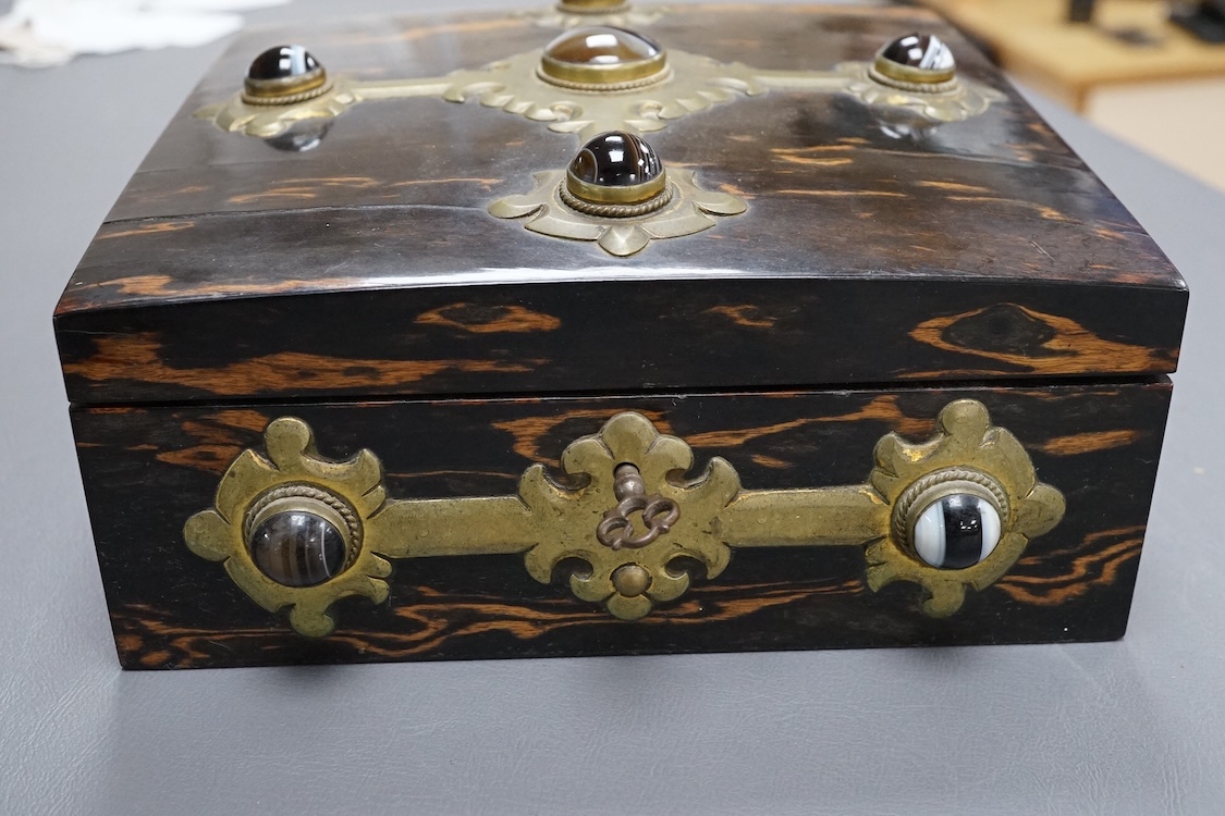 A Victorian Coromandel, brass and agate mounted games compendium, containing bezique and whist markers bone counters and inset ivory indicators, box 19cm x 19cm CITES Submission reference 3DY474P3